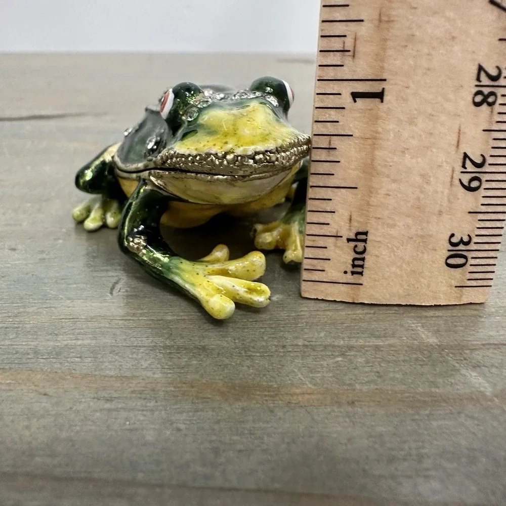 Jeweled Frog Trinket Box Green Yellow Rhinestone Enamel Hinged Mini Figurine
